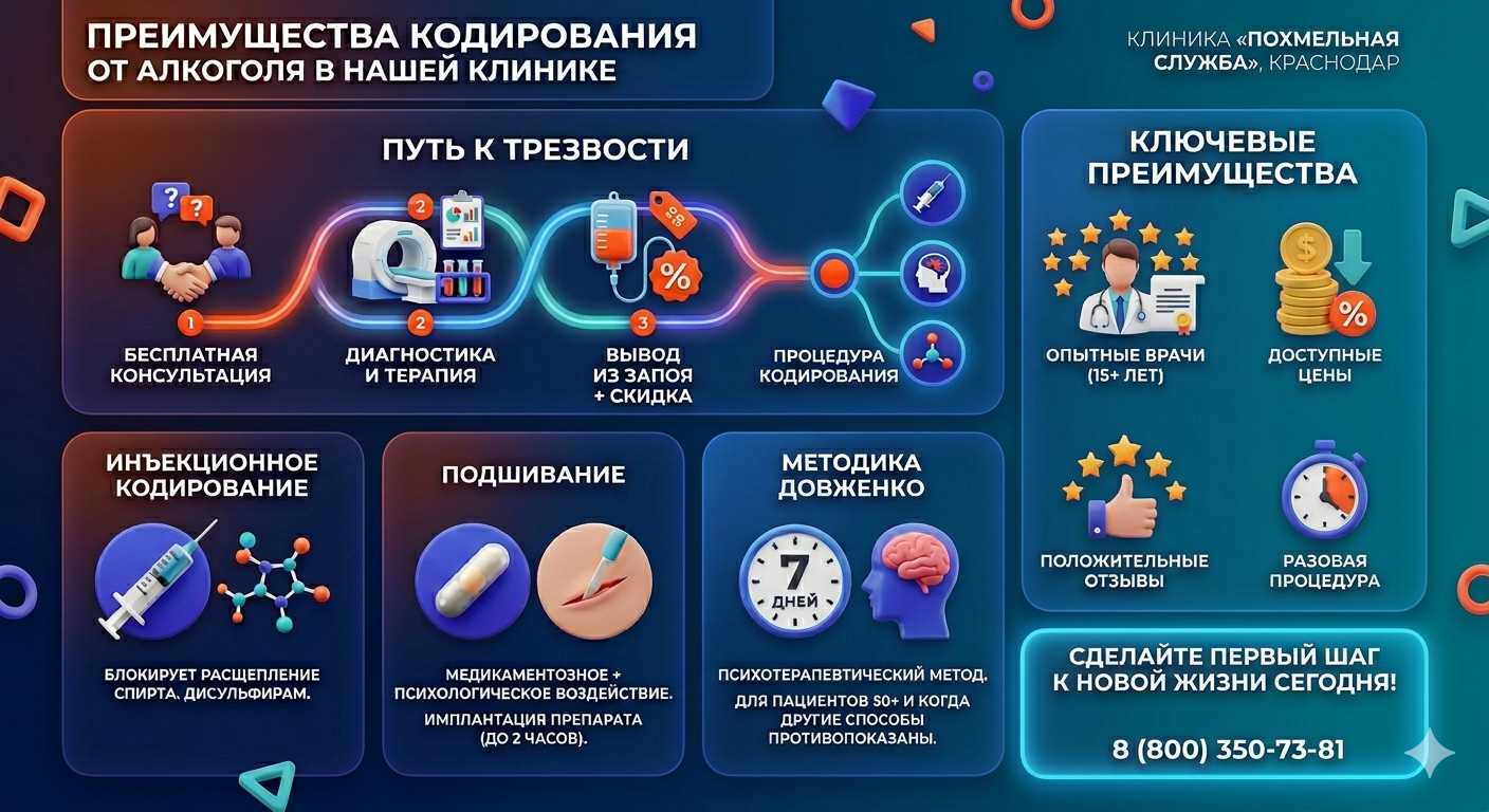 Инфографика о методах кодирования от алкоголя в Коркино: инъекции, подшивание, метод Довженко. Преимущества клиники и этапы лечения.