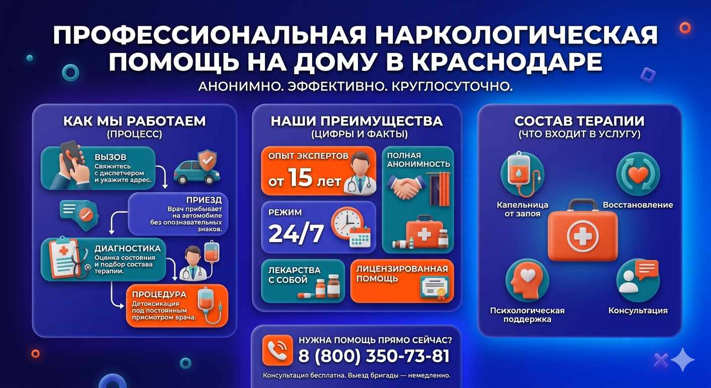 Инфографика о принципах лечения алкоголизма на дому в Коркино: этапы вызова нарколога, преимущества анонимной детоксикации и состав медицинской помощи.